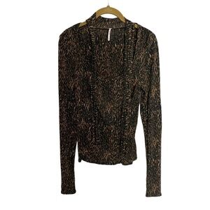 Free People Animal Print Pussybow Tie Blouse Small